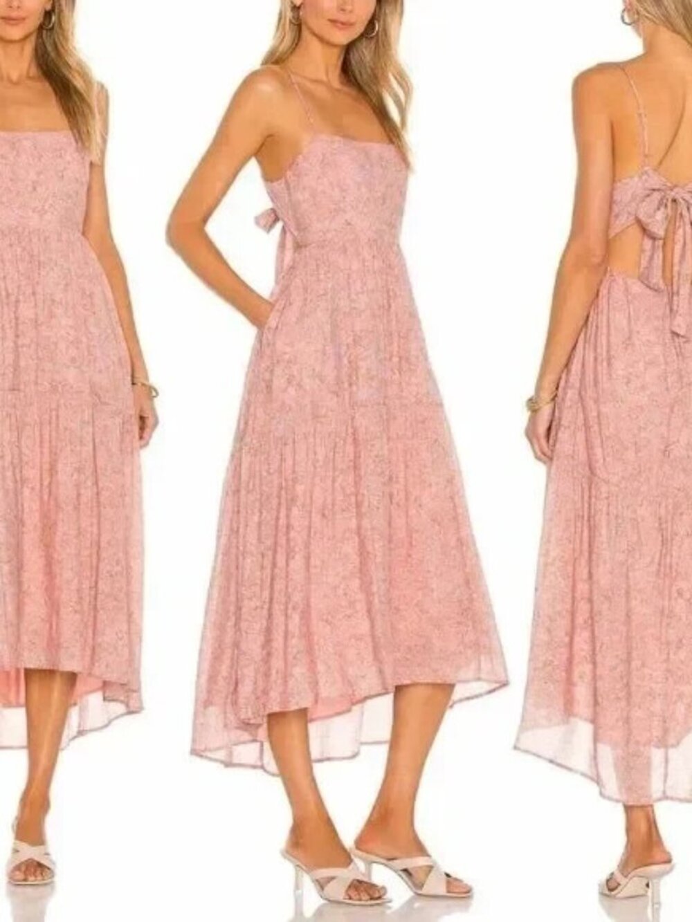 ASTR Women Ursa Midi Tie Back Sleeveless Lined Pocket Dress Sz L Pink Taupe 27-5
